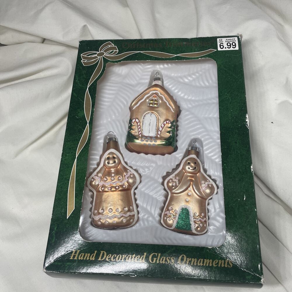 Vtg NOS Set of 3 Christmas Trimmeries Hand Decorated Glass Gingerbread Ornaments